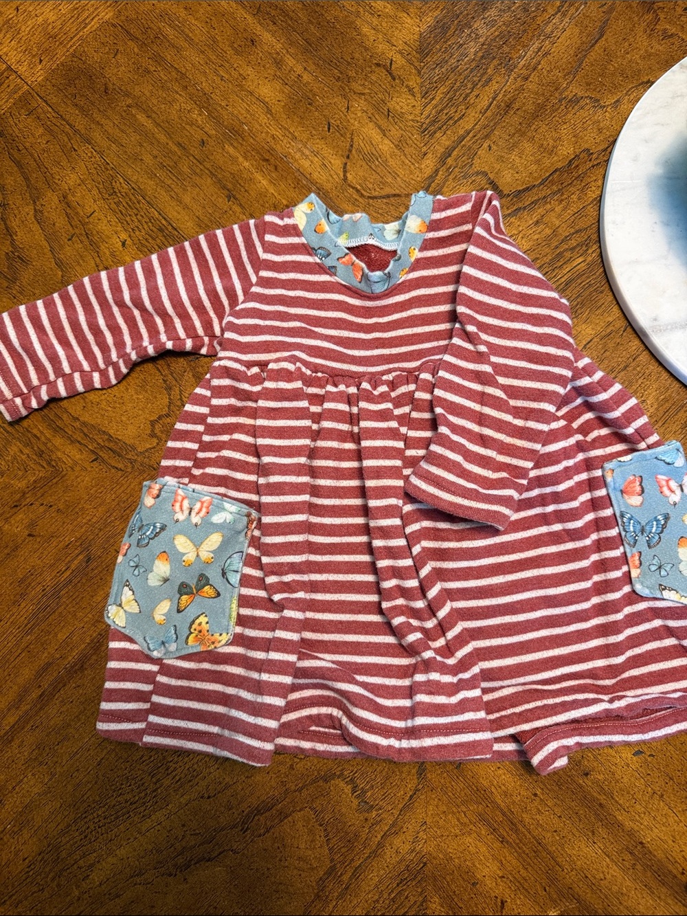 Girls' Striped Long-Sleeve Dress with Butterfly Pocket Accents - Pink